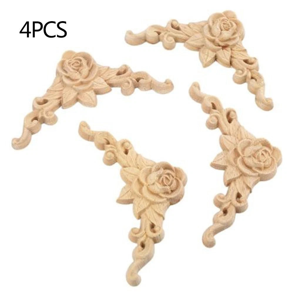 Set of 4 Wood Carved Onlay Applique for European Style Decor (Unpainted)