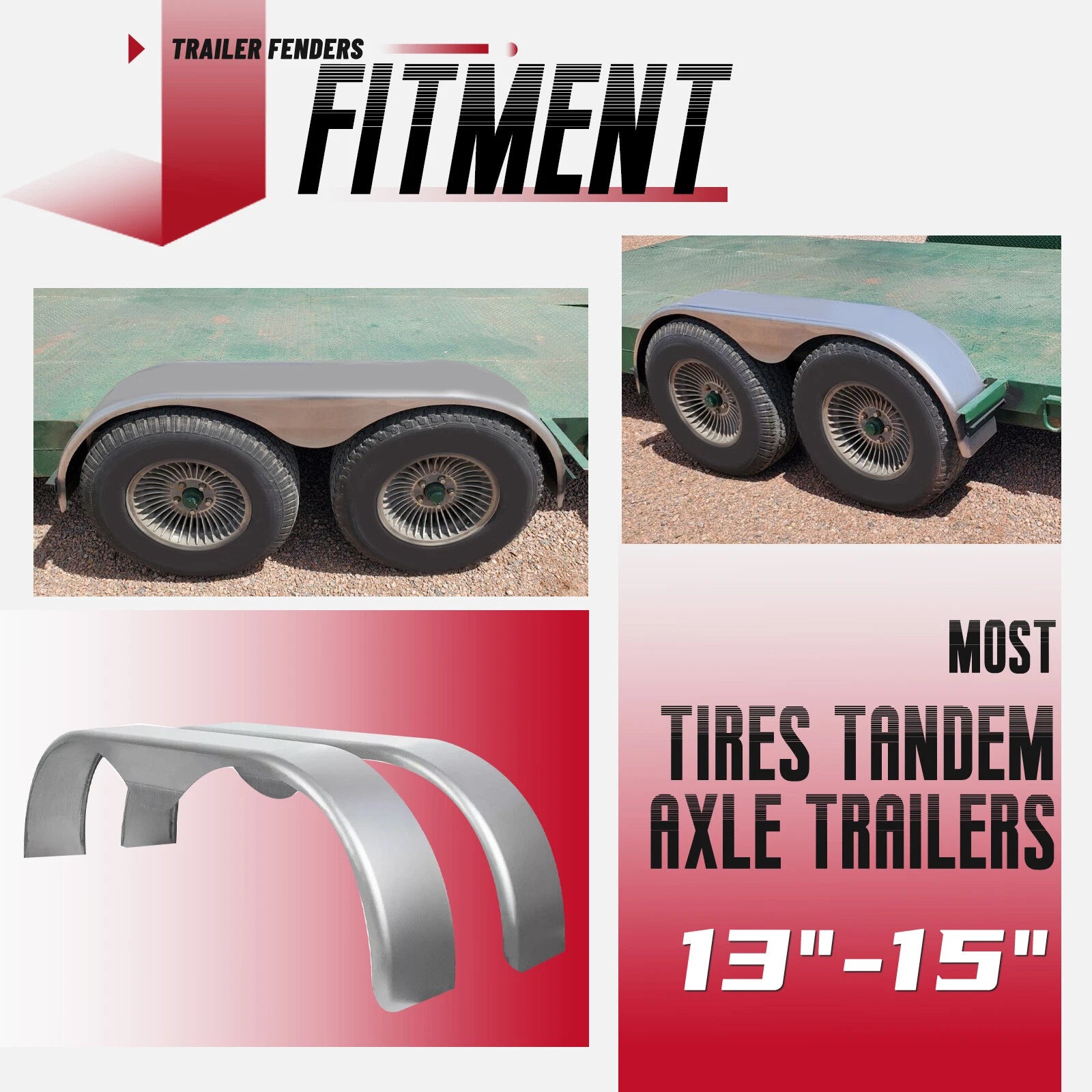 Set of 2 Tandem Double Axle Steel Trailer Fenders 13" 14" 15" w/ Tear Drop