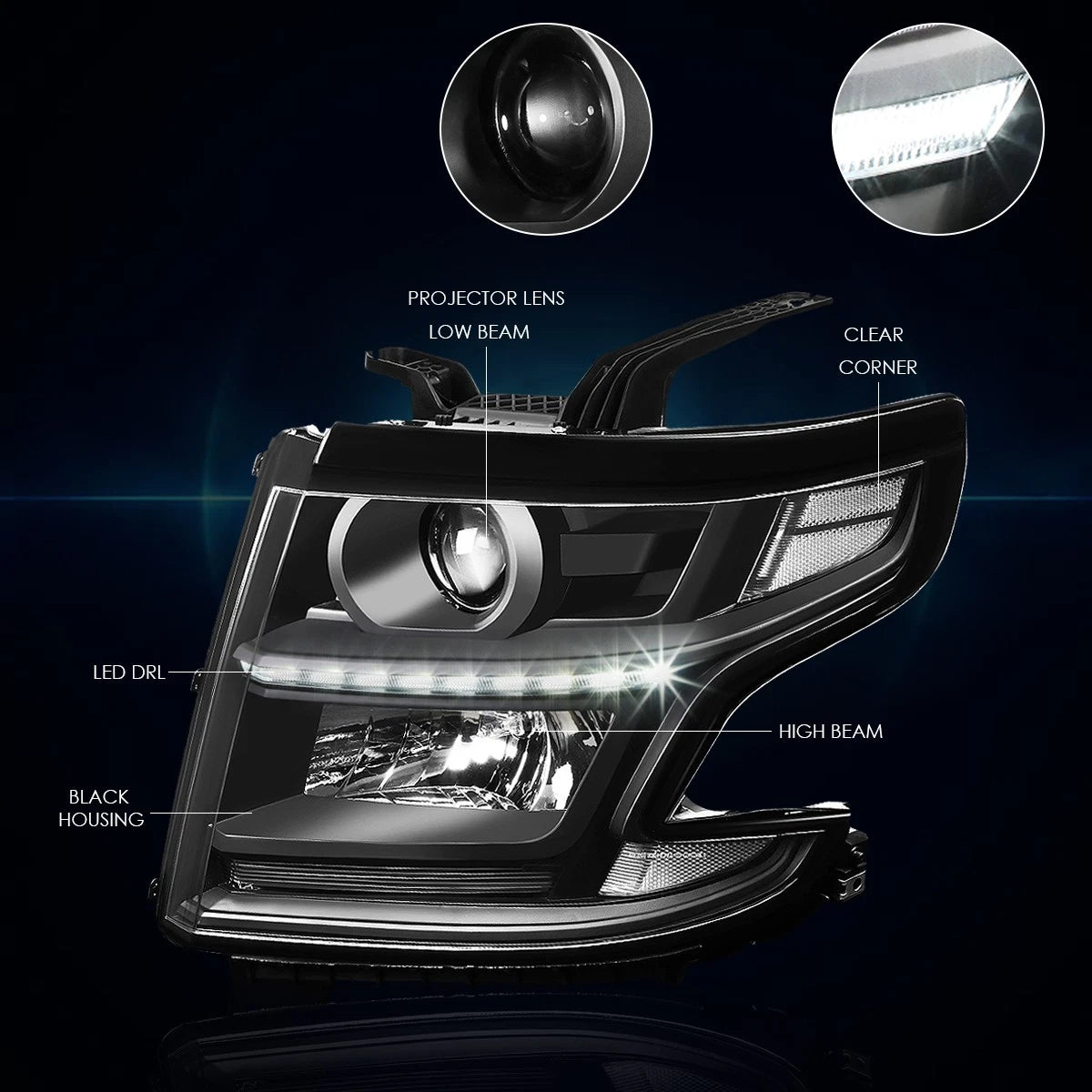 Set of 2 OE Projector Headlights with LED DRL for Chevy Suburban/Tahoe (2015–2020)
