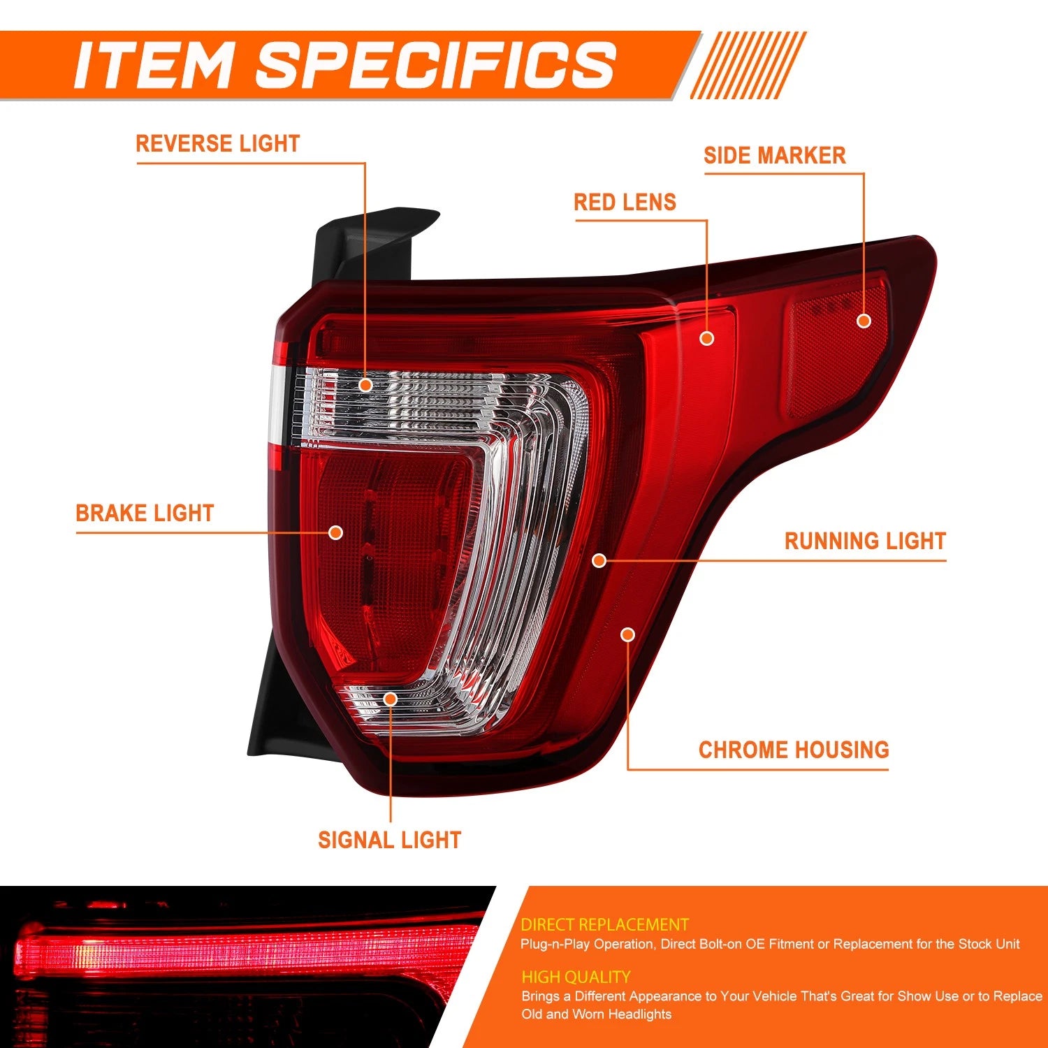 Chrome LED Tail Light Stop Brake Lamp for Ford Explorer (2016–2019)