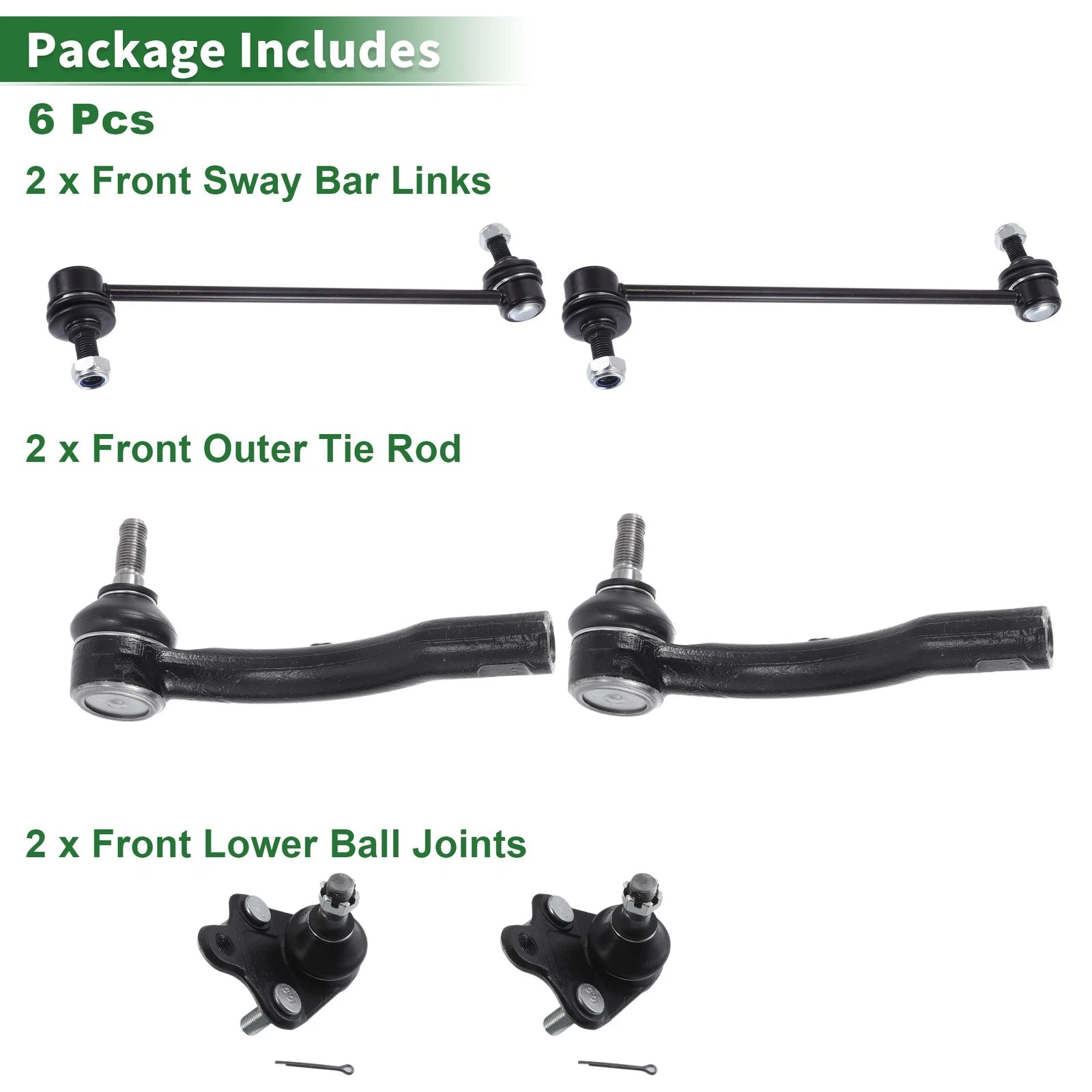 6pcs Front Suspension Kit Outer Tie Rod End Sway Bar Link for Toyota Corolla (2003–2008)