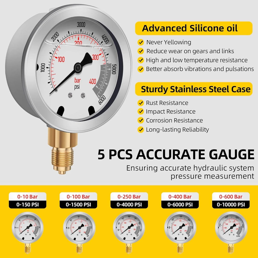 Hydraulic Pressure Test Kit with 5 Gauges, 13 Couplings, 14 Tee Connectors, 5 Hose