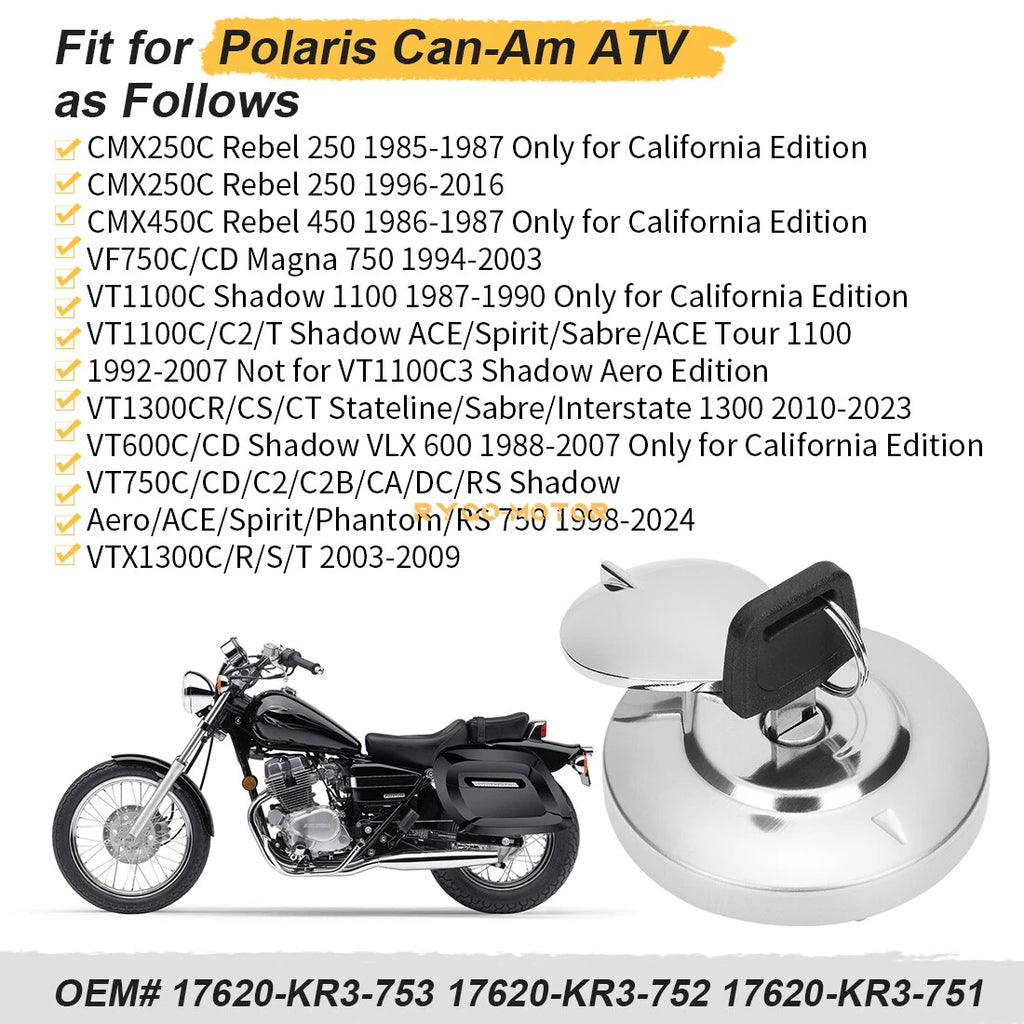 Fuel Gas Cap for Honda CMX250 Rebel, VF750 Magna, VT1100, VT1300, VT600, VT750 Shadow (1985–2023)