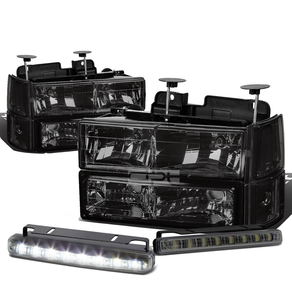 Set of 4 Smoked Housing Headlight, Bumper, Clear Corner, LED Fog Light for GMC C/K (1994–2000)