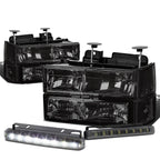 Set of 4 Smoked Housing Headlight, Bumper, Clear Corner, LED Fog Light for GMC C/K (1994–2000)
