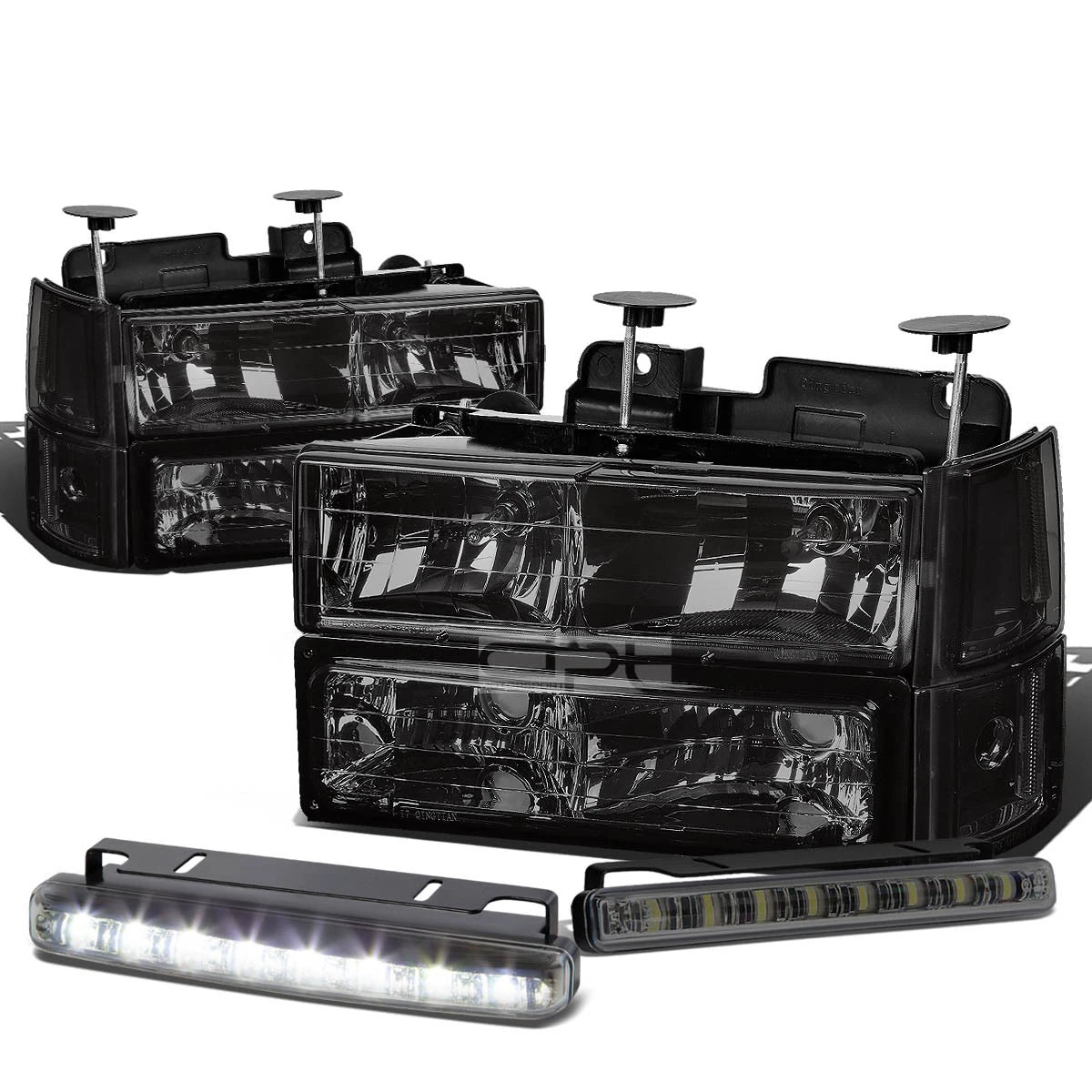 Set of 4 Smoked Housing Headlight, Bumper, Clear Corner, LED Fog Light for GMC C/K (1994–2000)