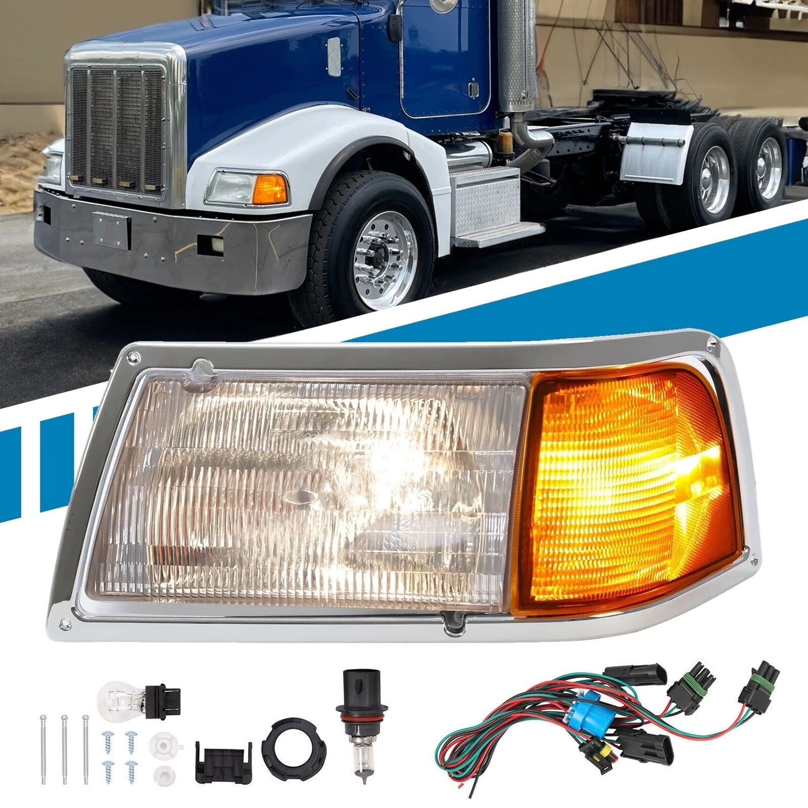 Left Headlight & Corner Light Set with Chrome Bezel for Peterbilt 375 385 (w/Harness & Bulb)