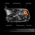 Projector Headlights for Dodge Ram 1500 2500 3500 (2009–2012) Black/Amber