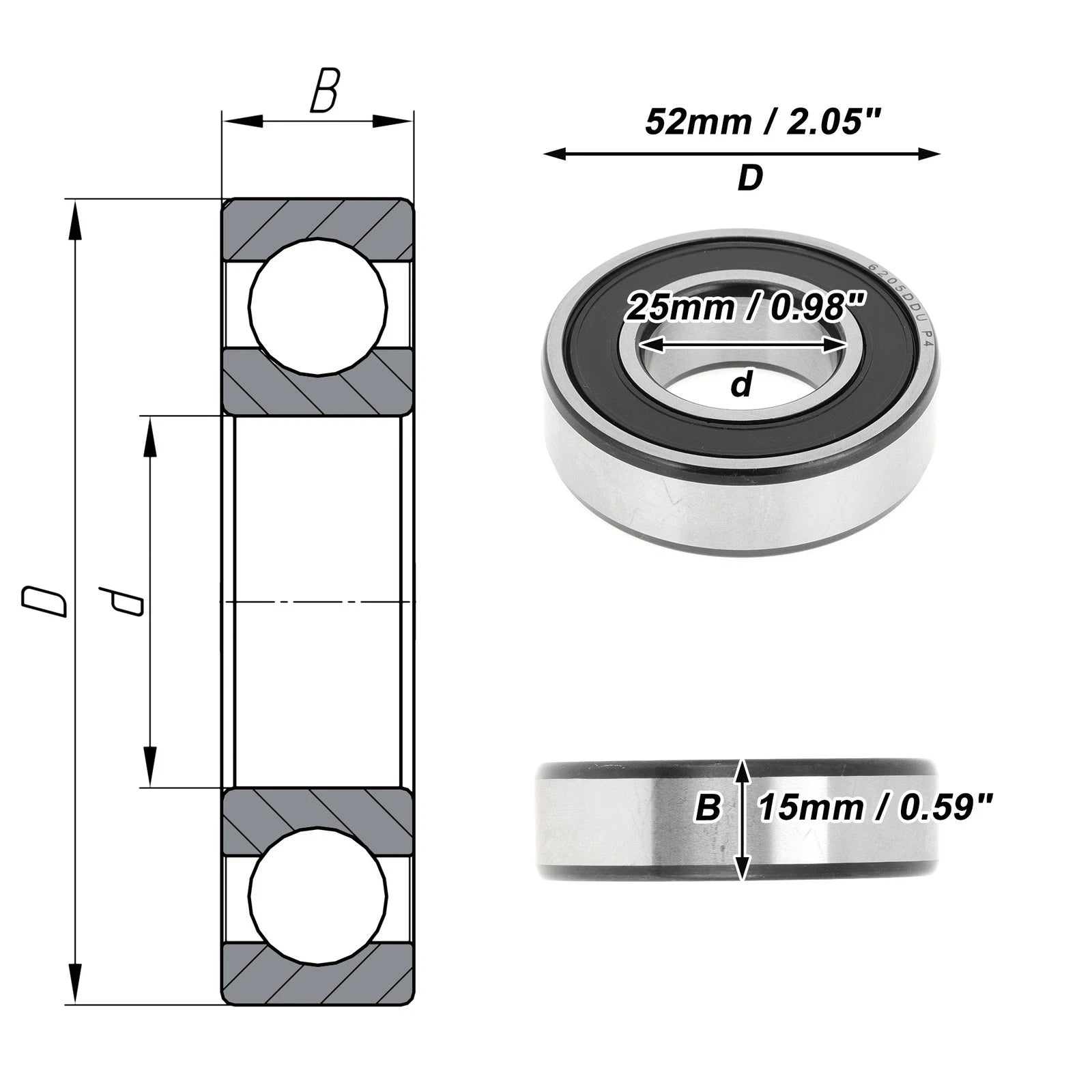 6205DDU Deep Groove Ball Bearing P4 for Scooter Skateboard (25x52x15mm)