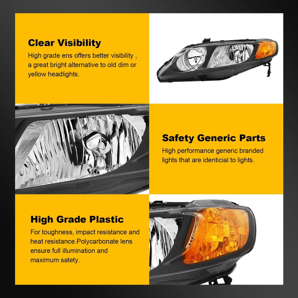 Headlight Assembly for Honda Civic Sedan (2006–2011) Driver + Passenger Sides