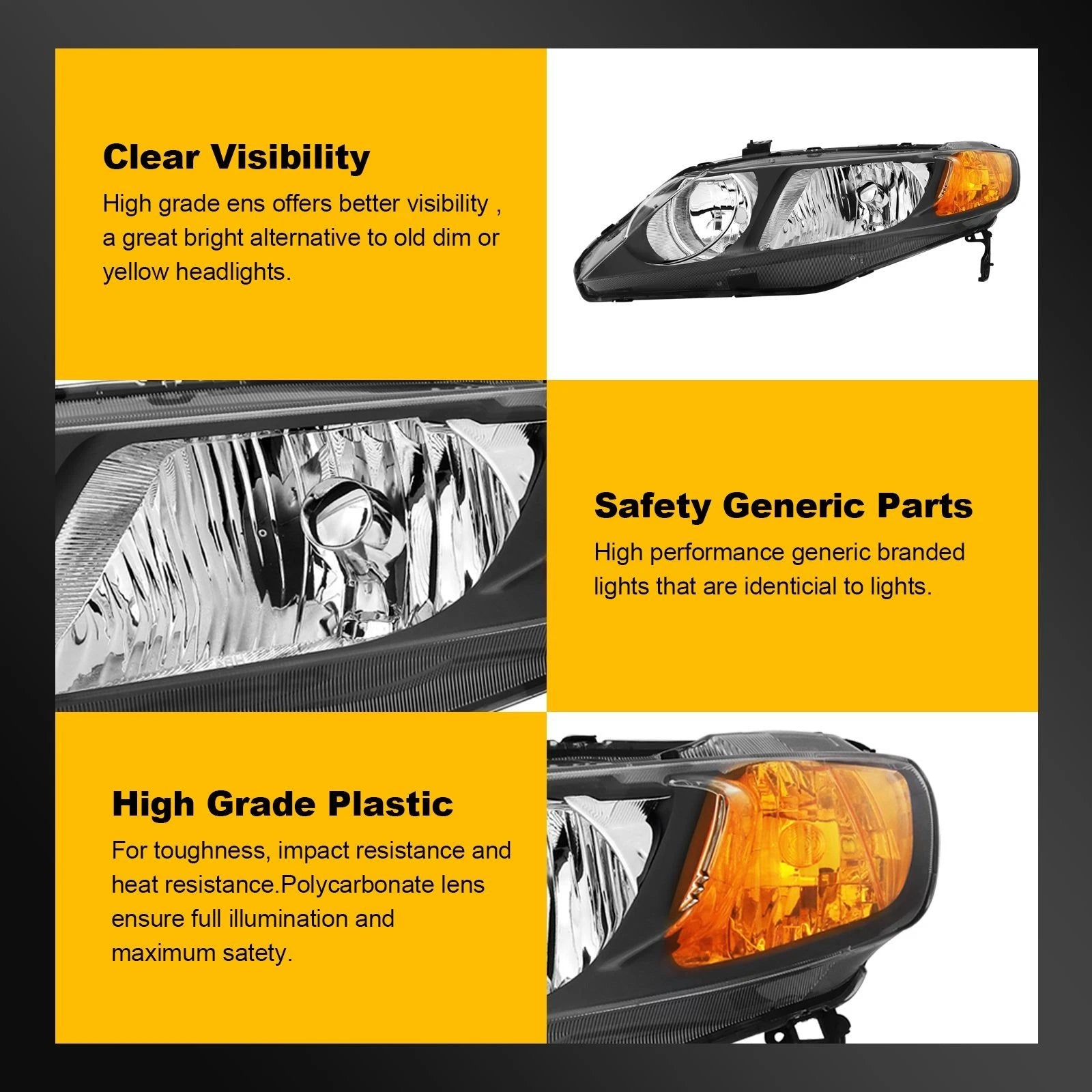Headlight Assembly for Honda Civic Sedan (2006–2011) Driver + Passenger Sides
