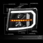 Pair LED DRL Sequential Signal Projector Headlights for Silverado 1500 (2007–2014)