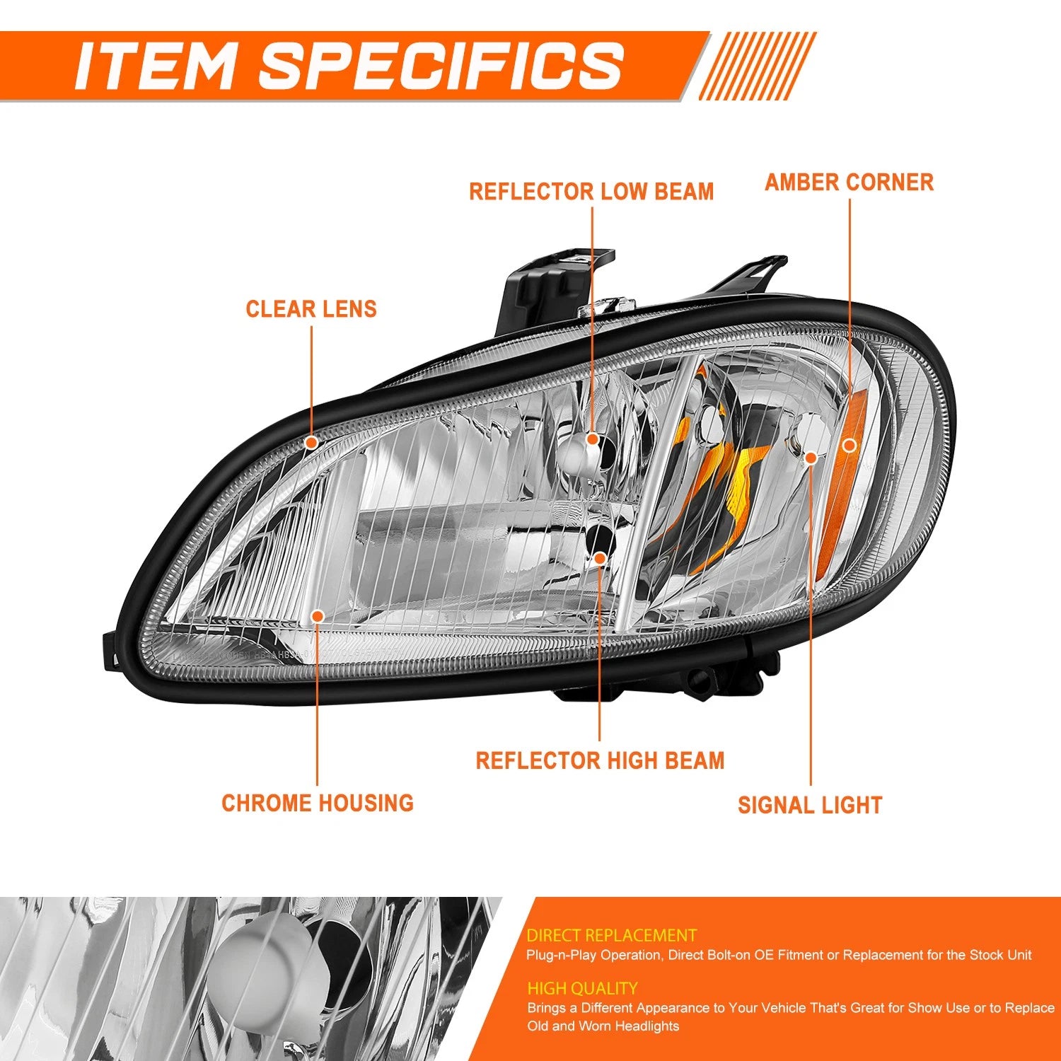 Driver Side Chrome/Clear Headlight for Freightliner M2 106 112 (2003–2019)
