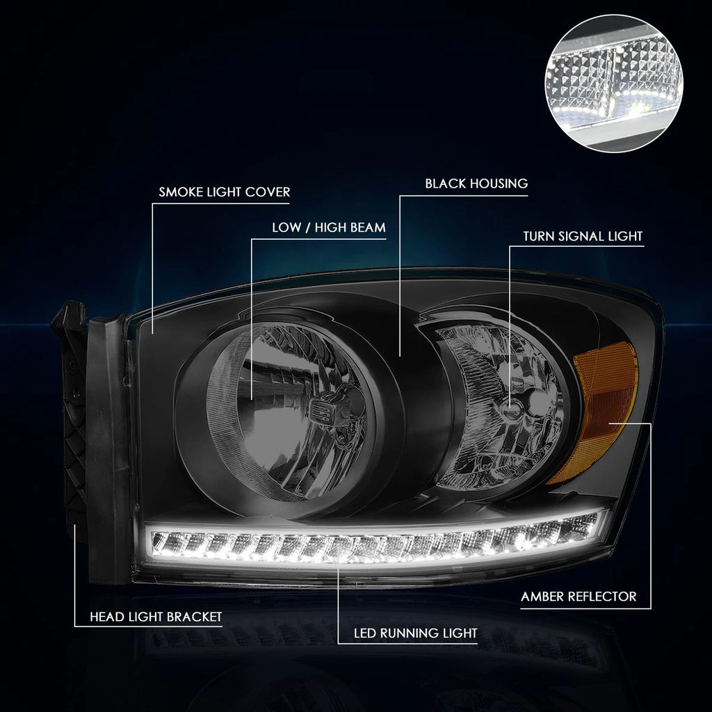 LED DRL Strip Headlight for Dodge Ram Truck (2006–2009) Smoked Housing Amber