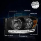 LED DRL Strip Headlight for Dodge Ram Truck (2006–2009) Smoked Housing Amber