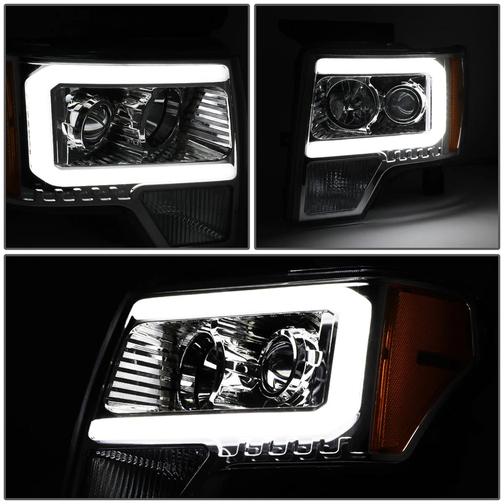 LED DRL Tube Projector Headlight Lamps for Ford F-150 (2009–2014) Left+Right Chrome