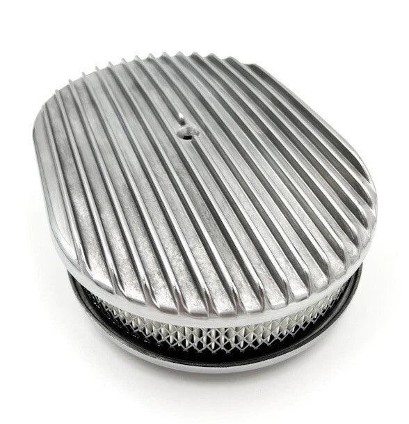 Air Cleaner Assembly Fully Polished Oval Aluminum Finned for Holley Carb (5-1/8")