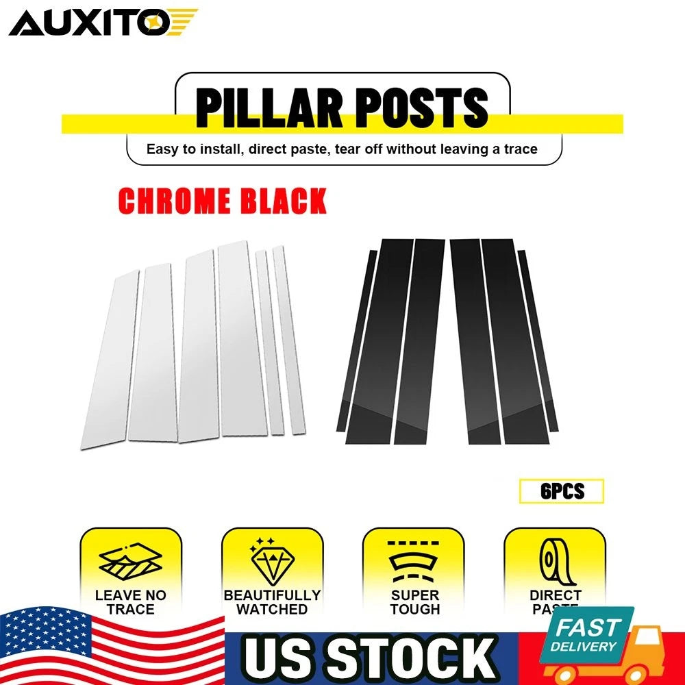 Set of 6 Glossy Black Chrome Pillar Post Trim for Nissan Titan Crew Cab (2004–2015)
