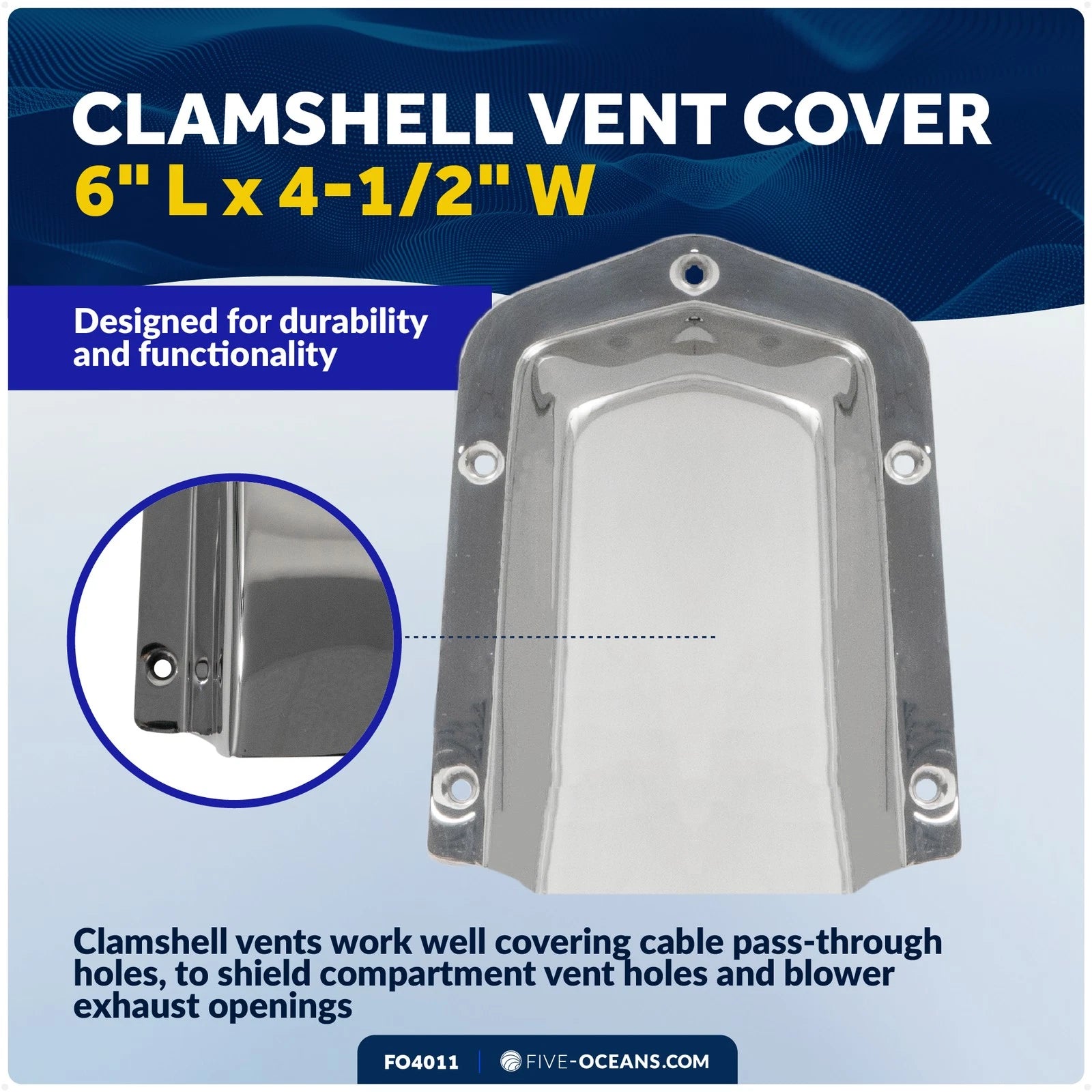Clamshell Vent Cover for Marine (6" L x 4.5" W) - 316 Stainless Steel