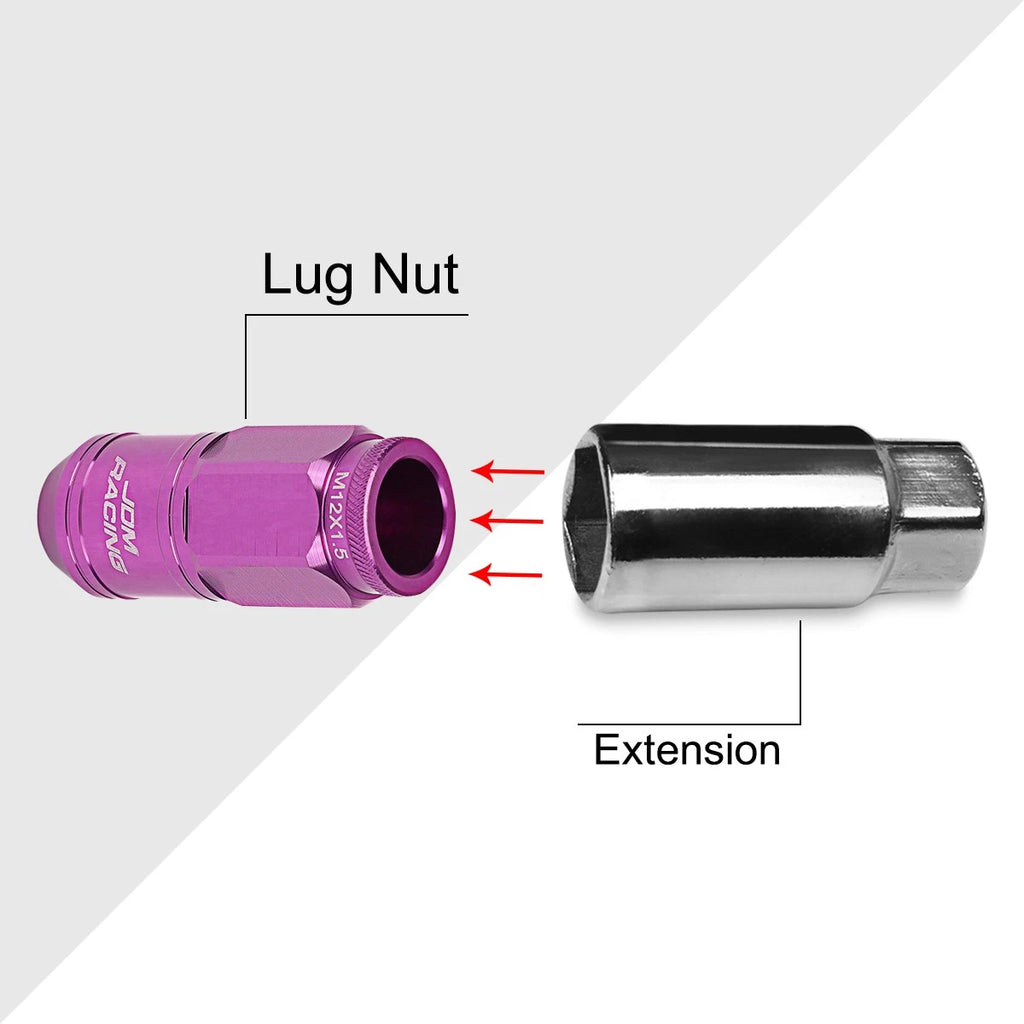 Set of 20 M12X1.5 Purple JDM Open End Cone Wheel Lug Nuts + Spline Lock Key