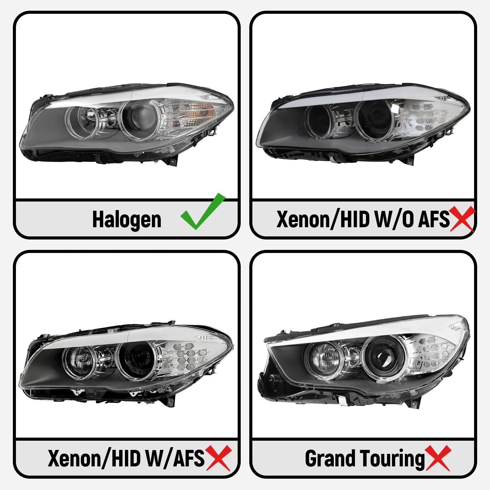 Halogen Headlight Set for BMW 5 Series 528i 535i (2011–2013) Left+Right Pair