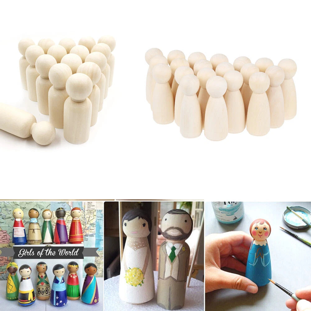 Set of 10 Unpainted Wooden Peg Dolls Figures for Wedding Decor 35mm