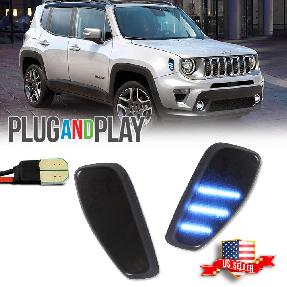 2X Smoked Ice Blue LED Side Marker Lights for Jeep Renegade (2015–2023)
