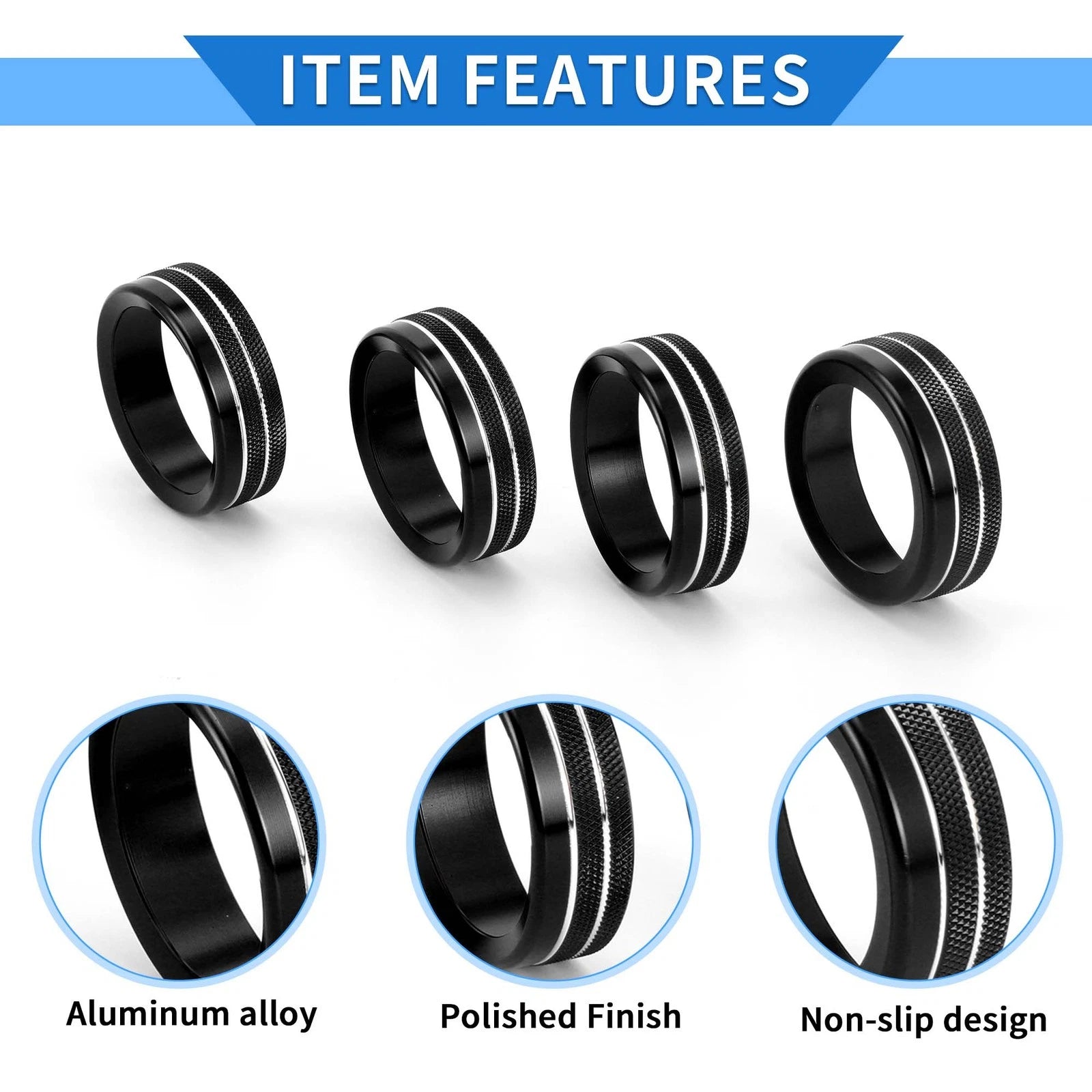 Set of 4 AC Heater 4WD Switch Knob Cover Rings for Toyota Tacoma (2016–2023) Black
