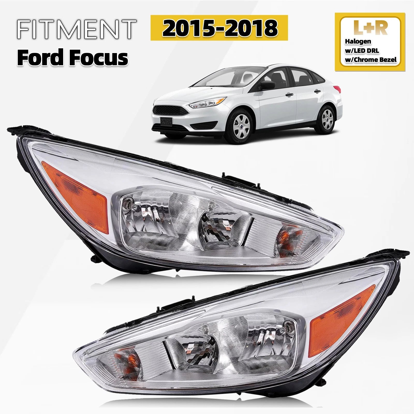 Set of 2 Halogen Headlights with LED DRL Chrome for Ford Focus (2015–2018)
