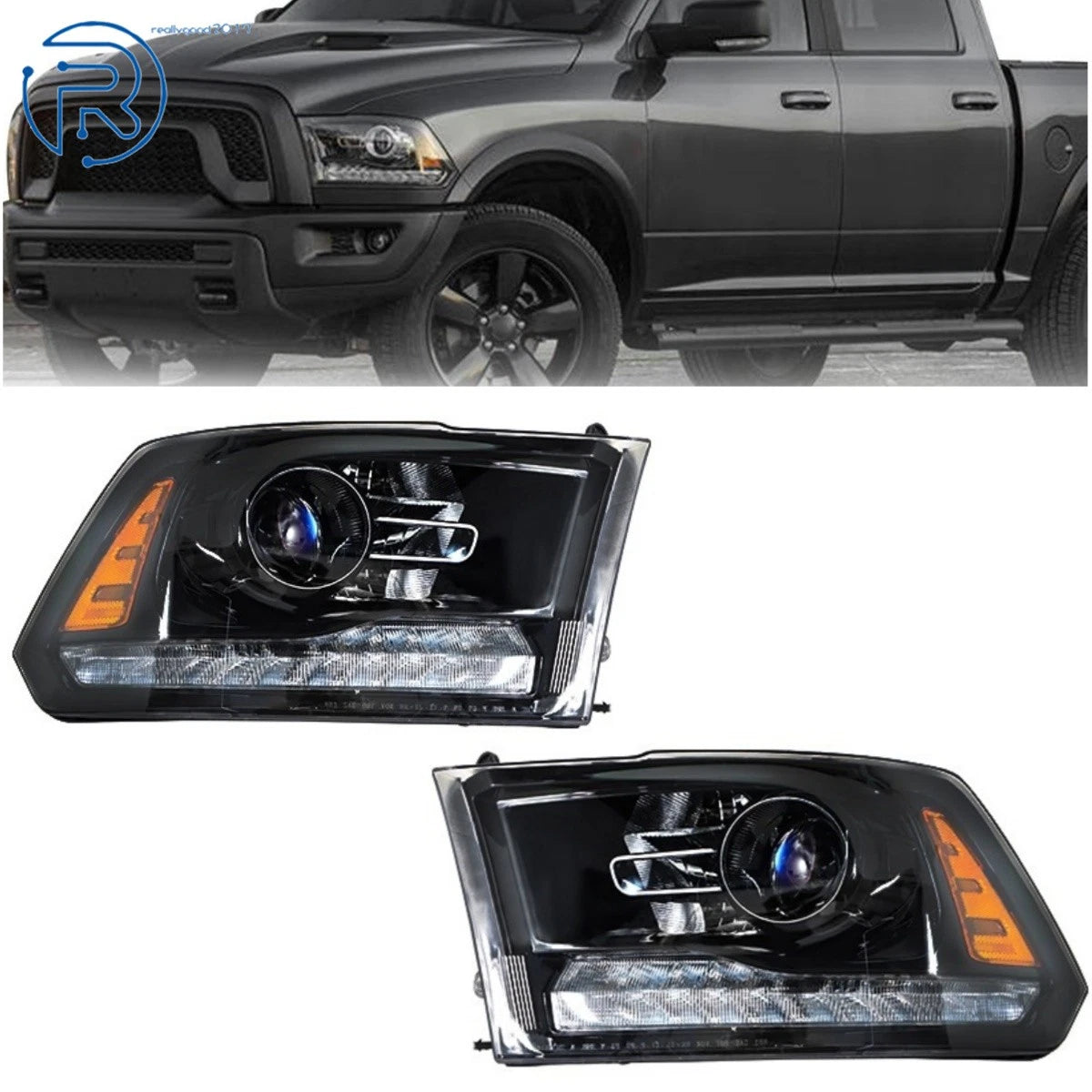 Set of 2 LED DRL Halogen Headlights for Dodge Ram 1500-3500 (2013–2018)