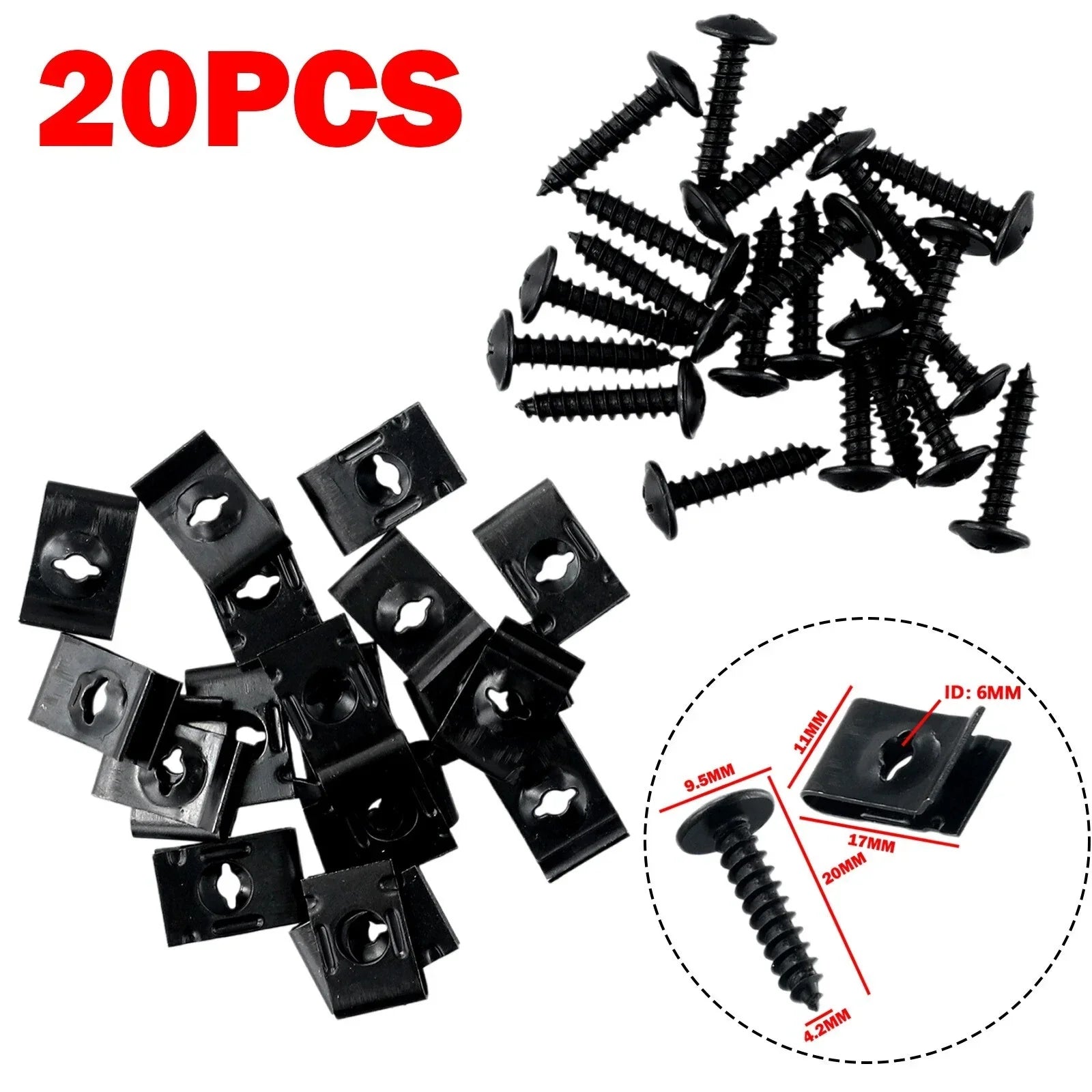 20 Sets Metal U-type Clip with Screw for Car Bumper Fender Fasteners Black