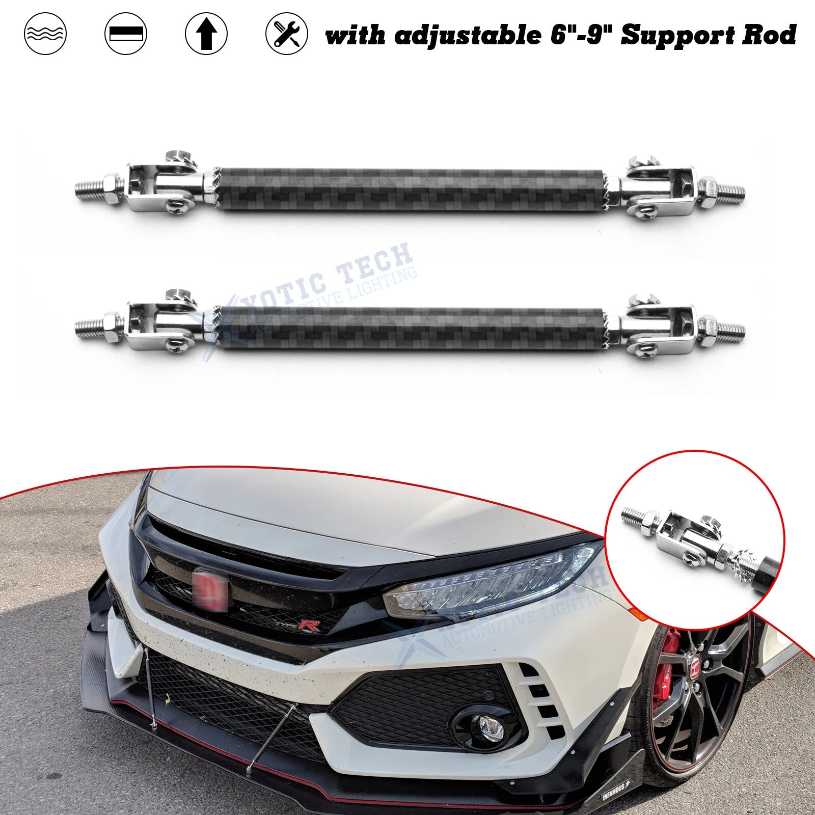 Carbon Adjust 6" to 9" Bumper Diffuser Splitter Strut Rod Stabilizer for Honda (2012–2023)