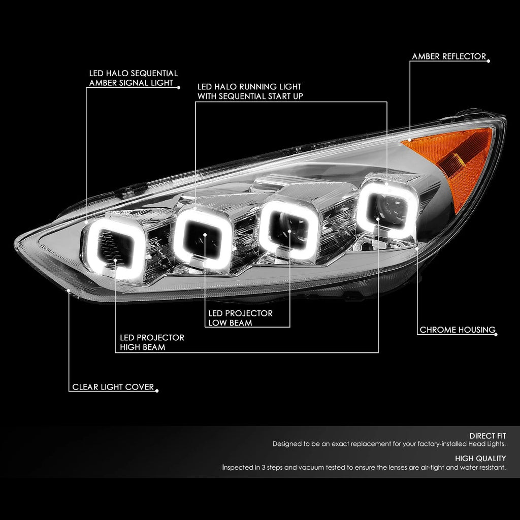 Sequential LED Halo Projector Headlight for Ford Focus (2015–2018) Chrome/Amber