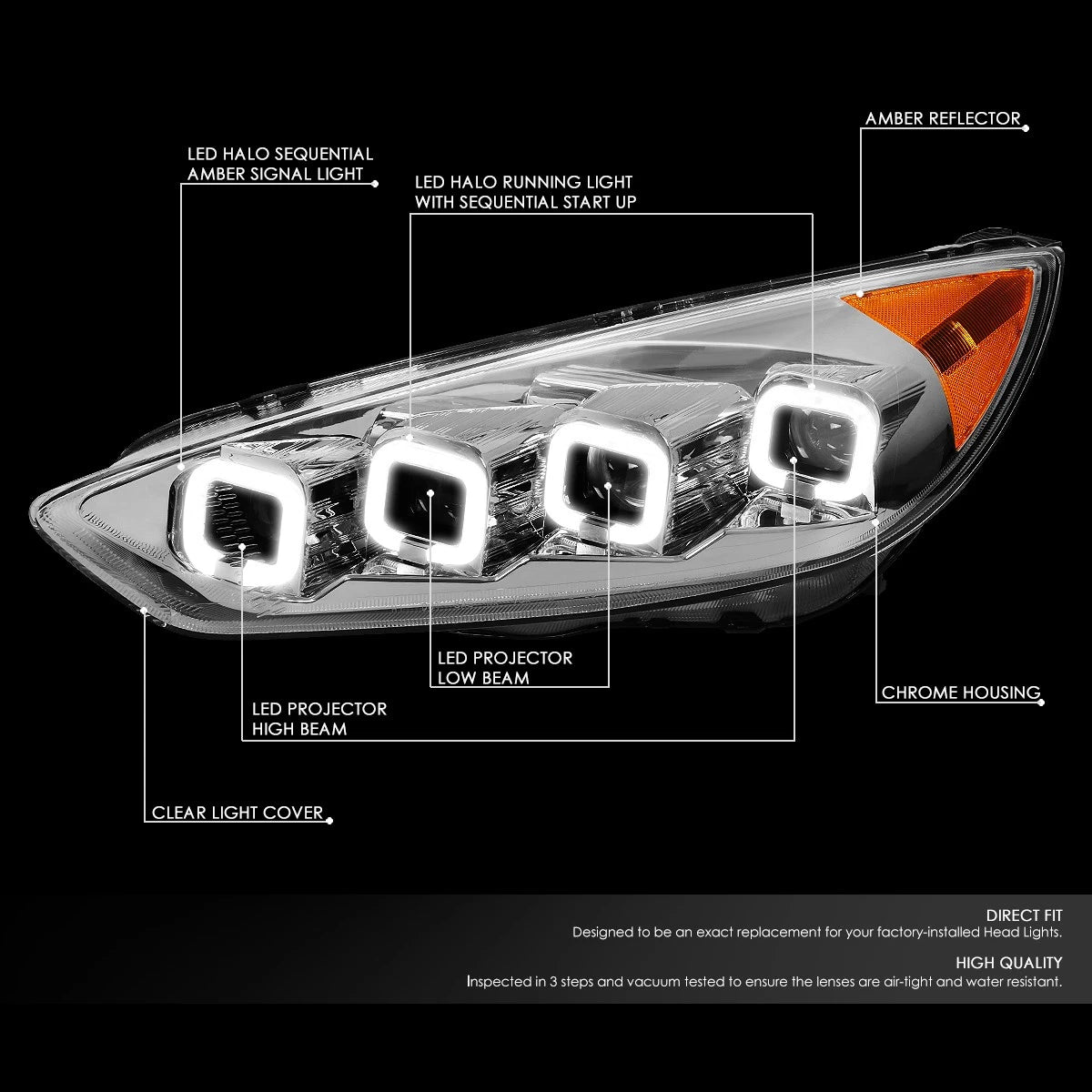 Sequential LED Halo Projector Headlight for Ford Focus (2015–2018) Chrome/Amber