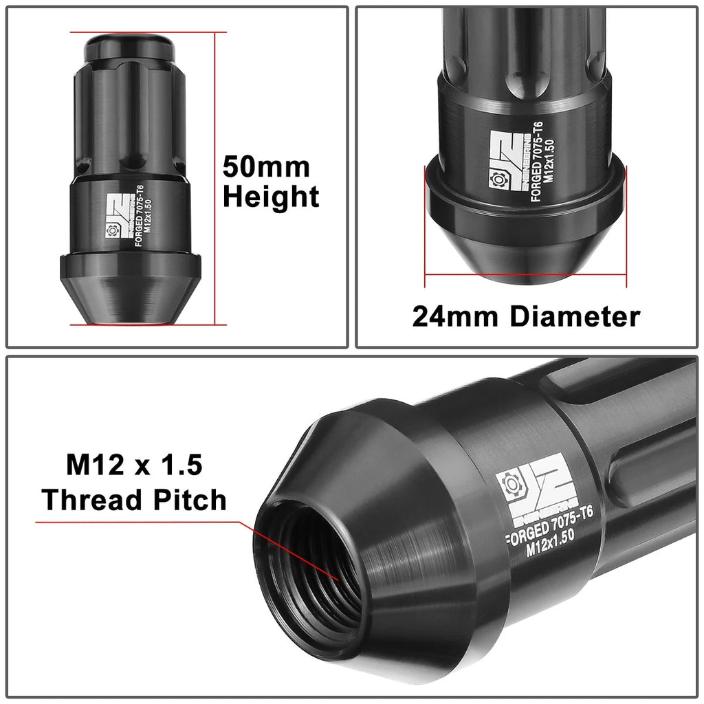 Set of 20 J2 Aluminum Black M12 X1.5 Closed End Lug Nuts 24mm OD/50mm Height