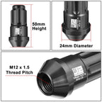 Set of 20 J2 Aluminum Black M12 X1.5 Closed End Lug Nuts 24mm OD/50mm Height