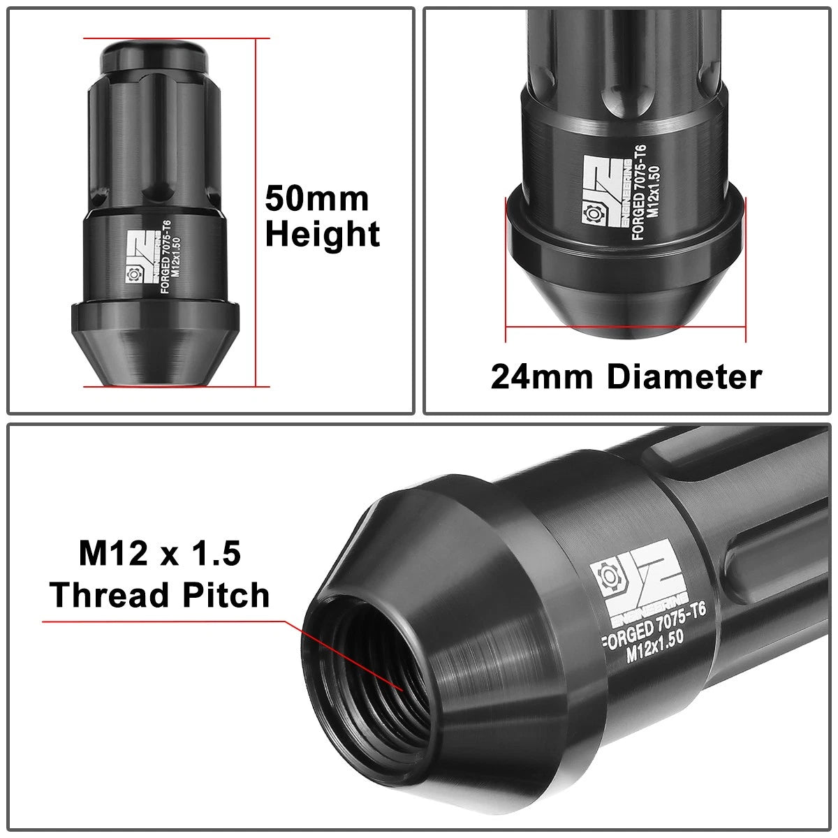 Set of 20 J2 Aluminum Black M12 X1.5 Closed End Lug Nuts 24mm OD/50mm Height