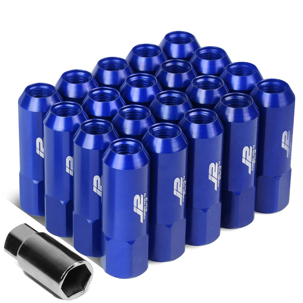 Set of 20 J2 7075 Forged Aluminum M12x1.25 Open-End Lug Nuts w/Adapter Blue