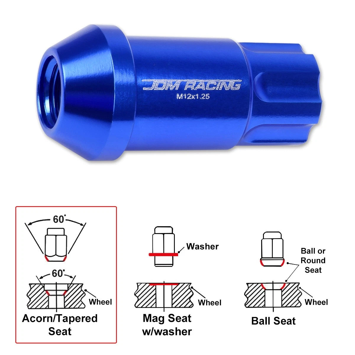 20Pc M12X1.25 Blue JDM Open End Aluminum Long Spline Wheel Lug Nut for