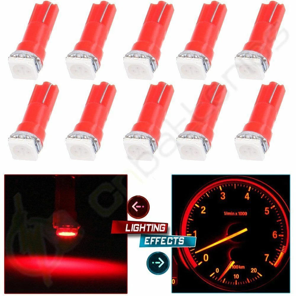 10x T5 1SMD LED Wedge Bulb Pure Red Light for Toyota