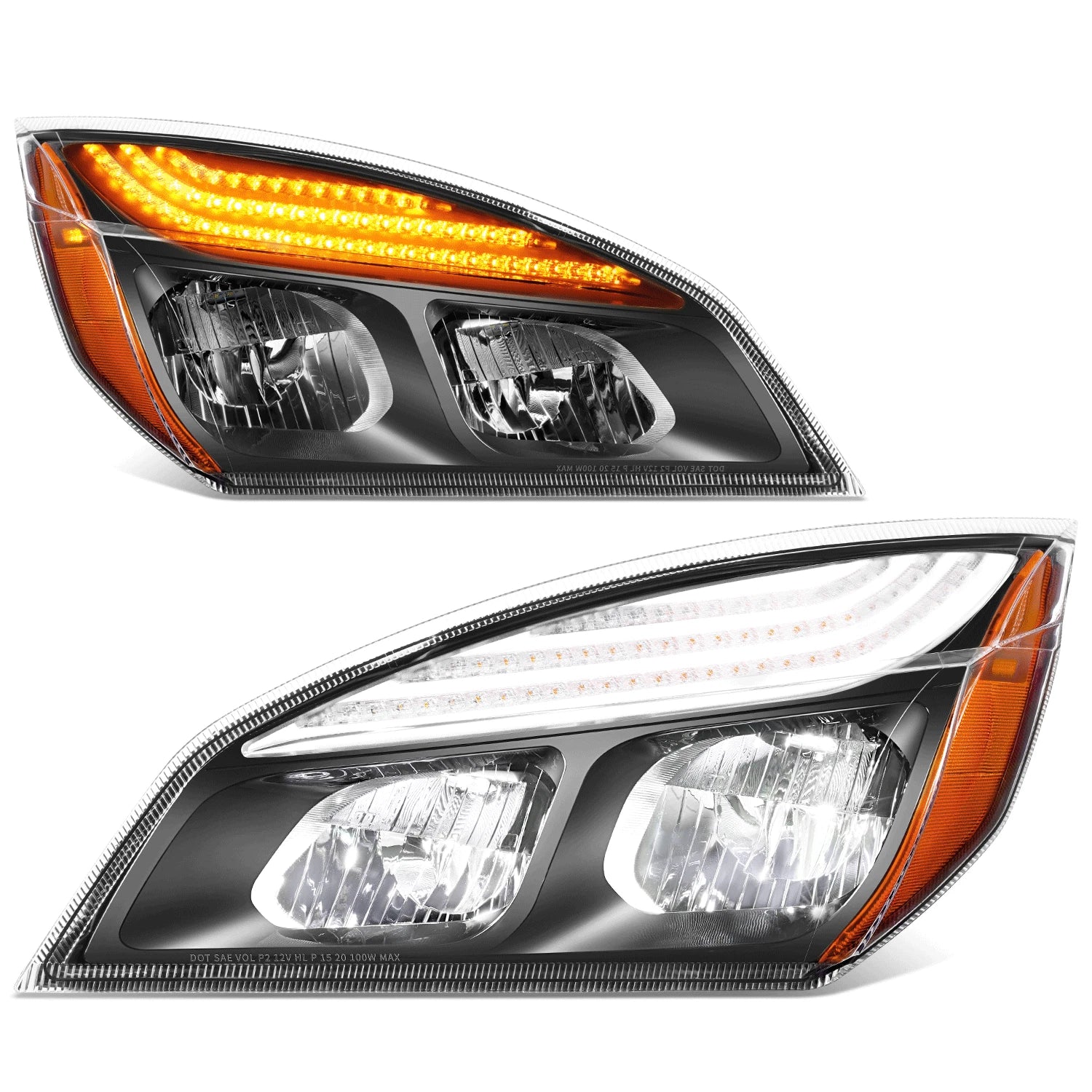 Pair of LED Headlights for Freightliner Cascadia (2018–2024) - Black Housing, Amber Corner