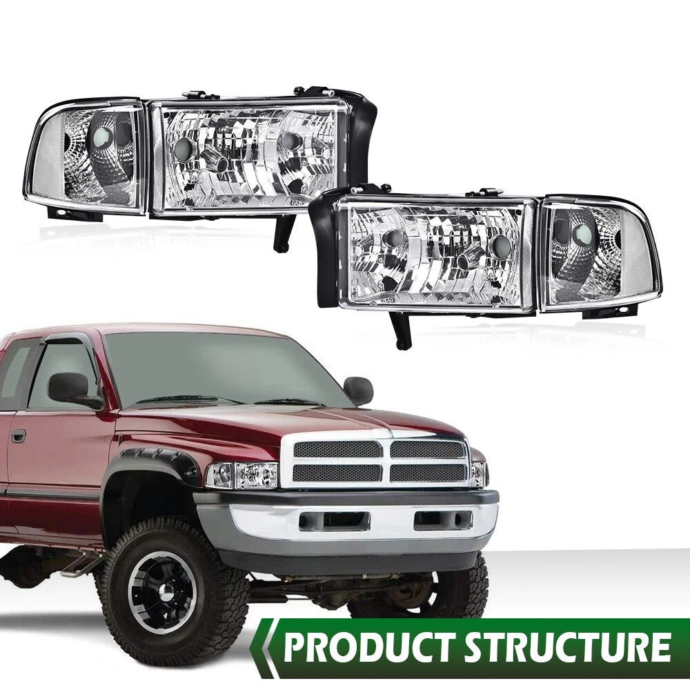 Chrome Clear Corner Headlights Assembly for Dodge Ram 1500 2500 3500 (1994–2002)