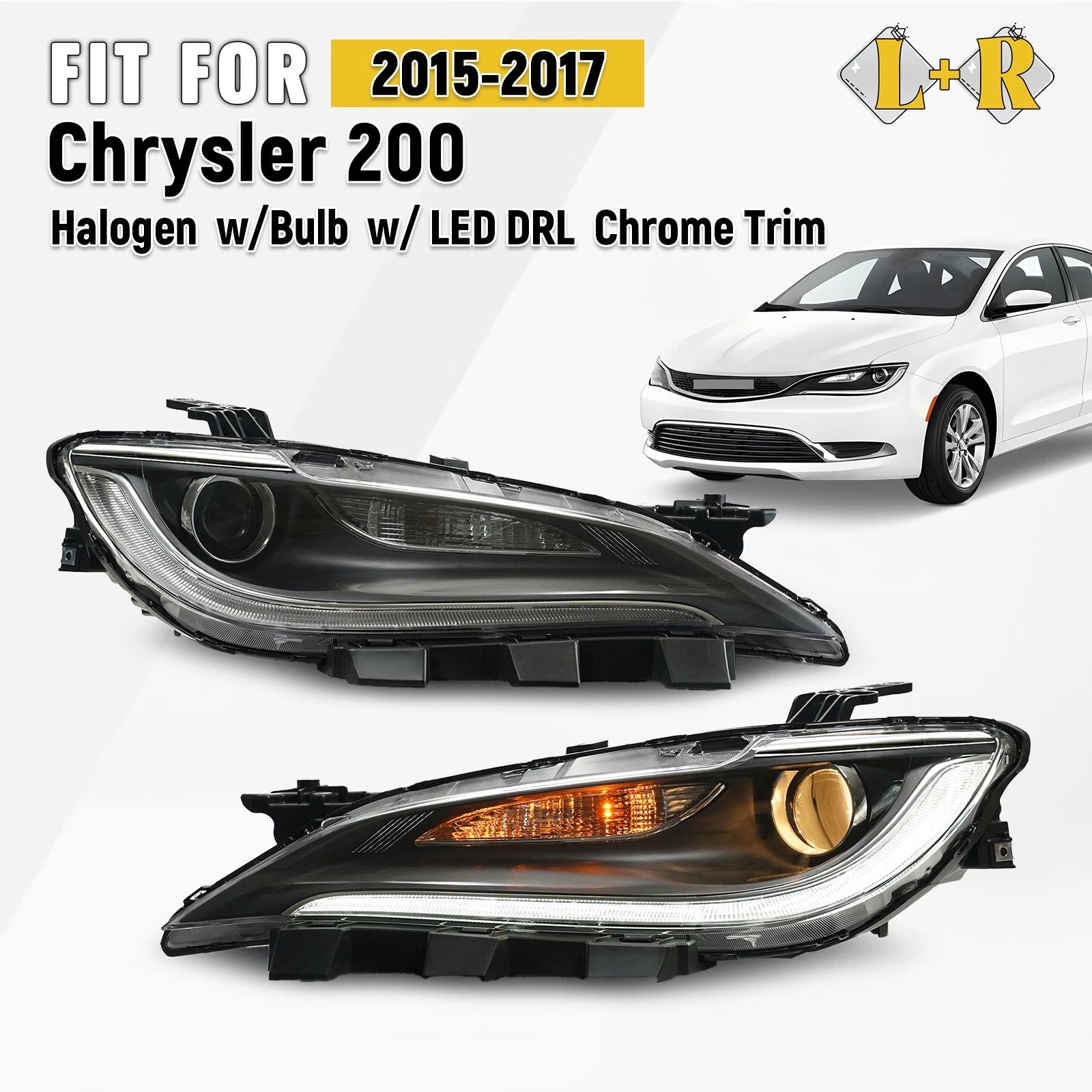 Halogen Headlight Set for Chrysler 200 (2015–2017) w/LED DRL, Chrome Trim