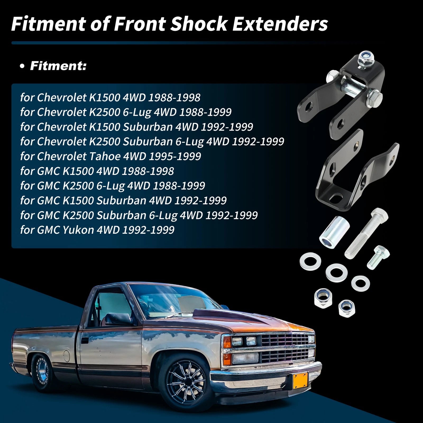2"-4" Front Shock Extenders for Chevrolet GMC K1500 K2500 4WD (1988–1998)