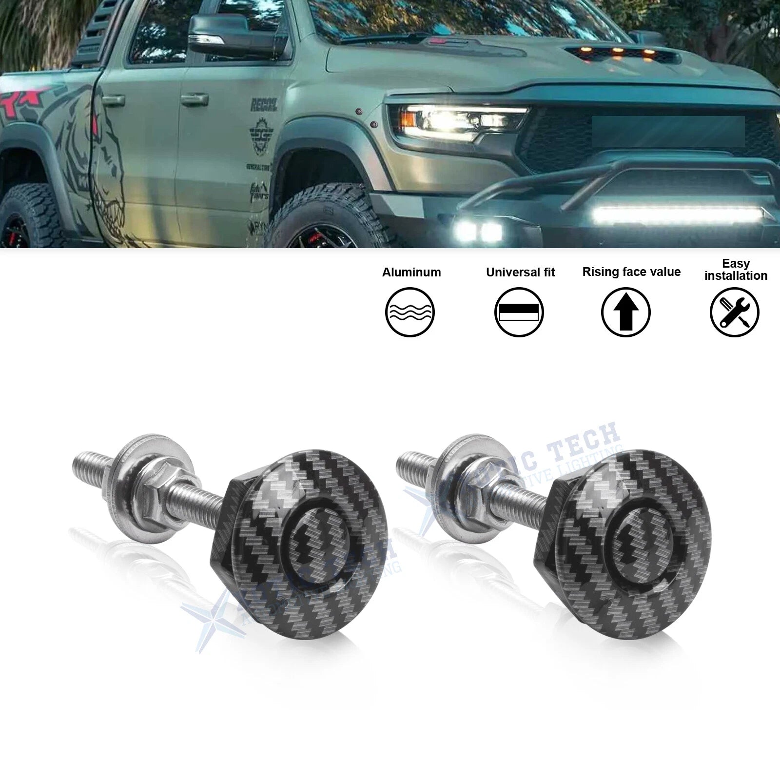 2X Carbon Fiber Texture Quick Release Hood Lock Latch Kit for Ram (2009–2018)