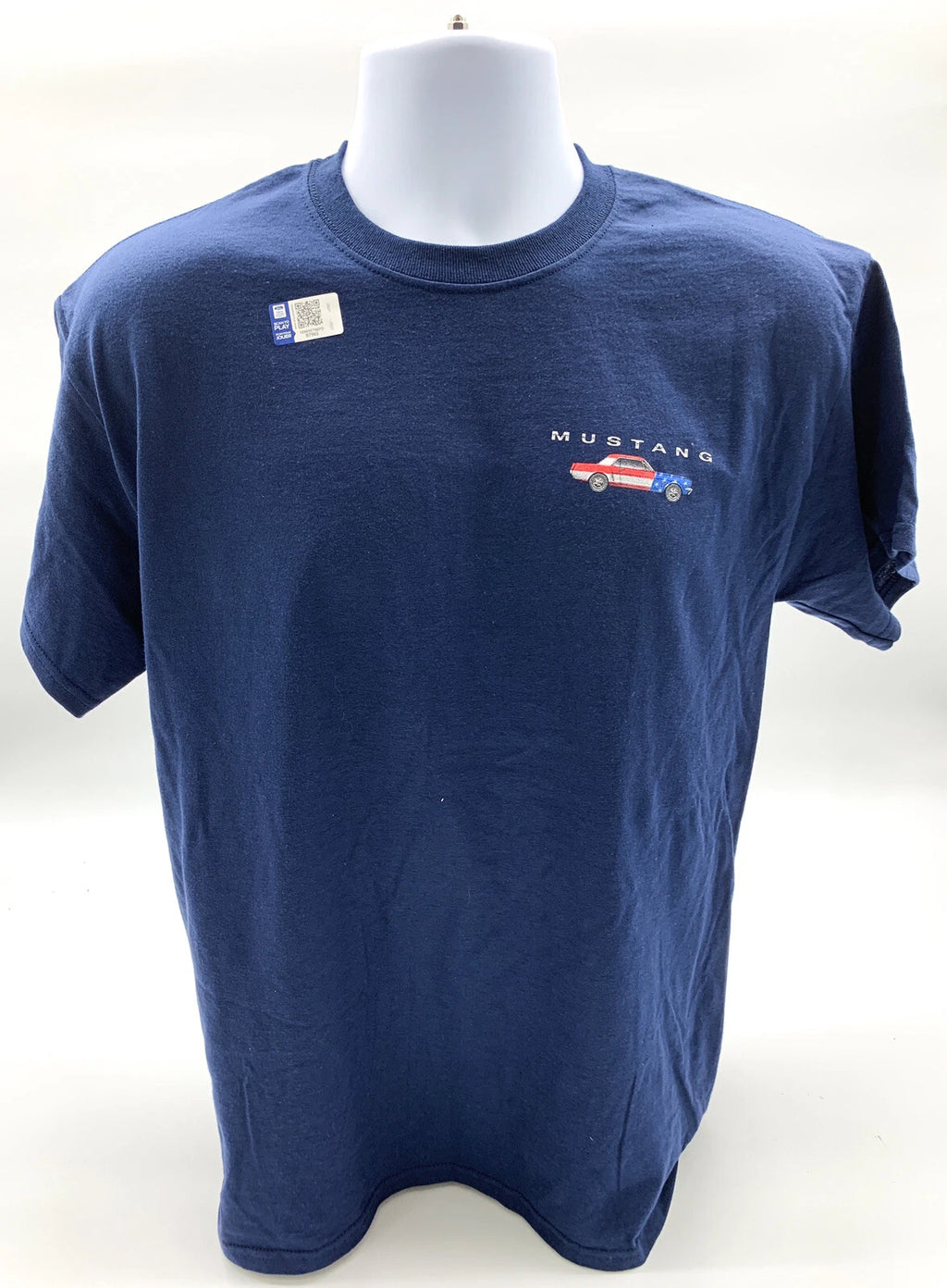 Licensed Ford Mustang T-Shirt Navy Blue American Flag and Pony Logo (2005–2014)