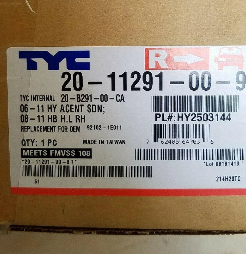 TYC Headlight Halogen Right Passenger Side for Hyundai Accent (2007–2011)