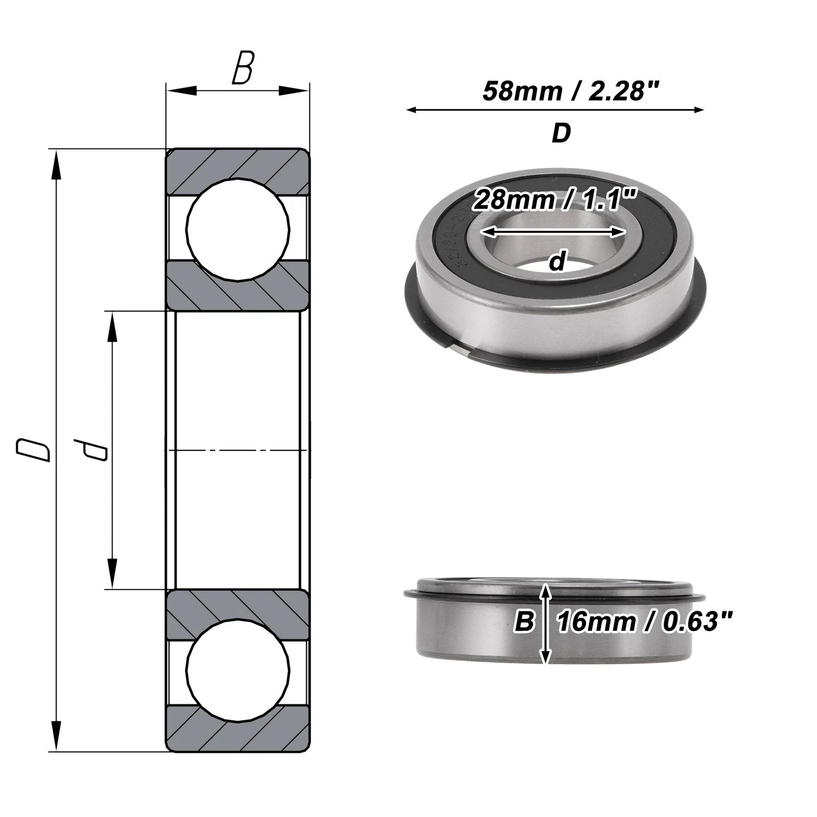 Deep Groove Ball Bearings 62/28NR2RS for Scooter Skateboard (28x58x16mm)