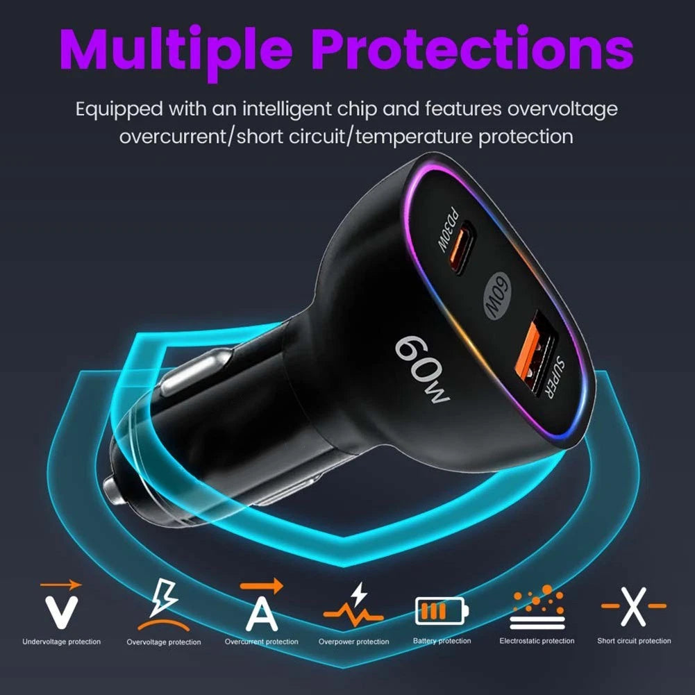 60W Dual PD Car Charger for QC3.0 Fast Charging (Universal)
