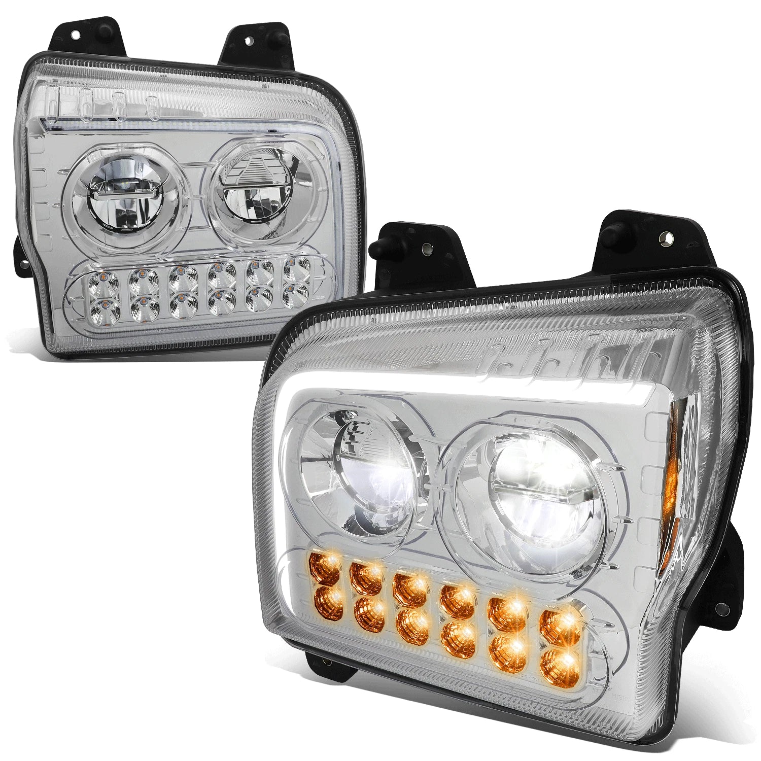 Chrome Housing LED DRL Sequential Turn Signal Headlights for Kenworth W990 (2019–2022)